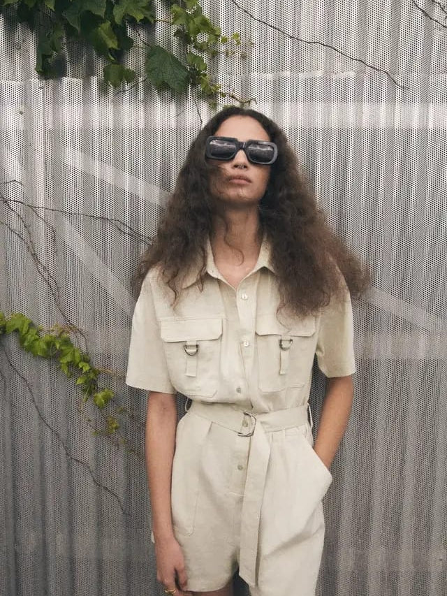 Linen Beige Belted Romper Jumpsuit