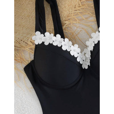 Marbella Blossom Swimset, EXCLUSIVES black one-piece swimsuit with white flower appliqués along the bust, on sale