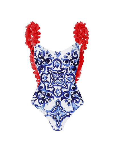 Porcelain Print Ruffle Bikini Swimsuit Bodysuit