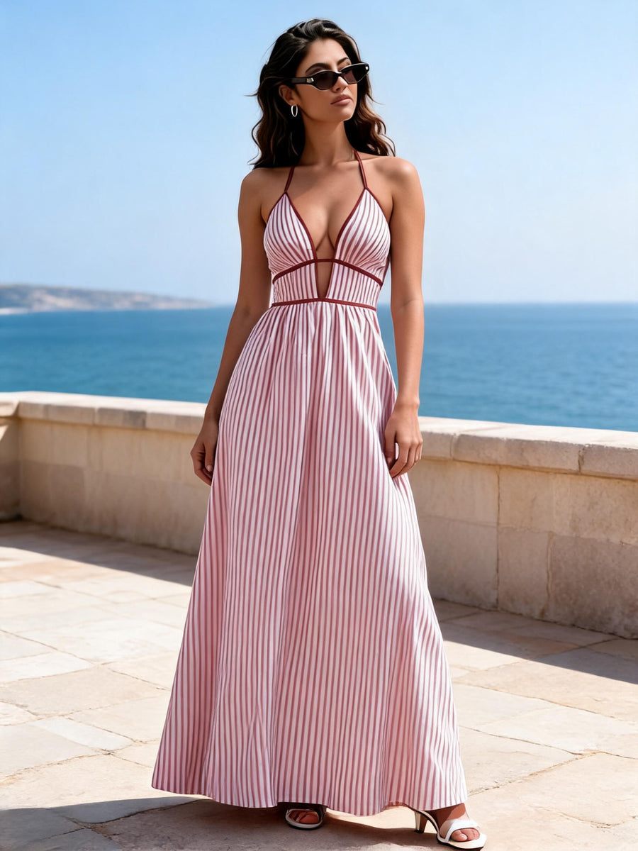 Seaside Striped Cutout Maxi Dress Exclusives, pink burgundy stripes, halter neckline.