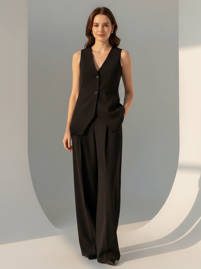 Long Vest Blazer & Wide Leg Pants Coord Set