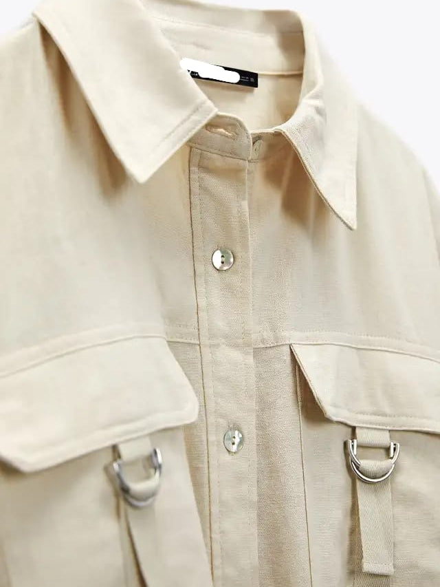 Linen Beige Belted Romper Jumpsuit