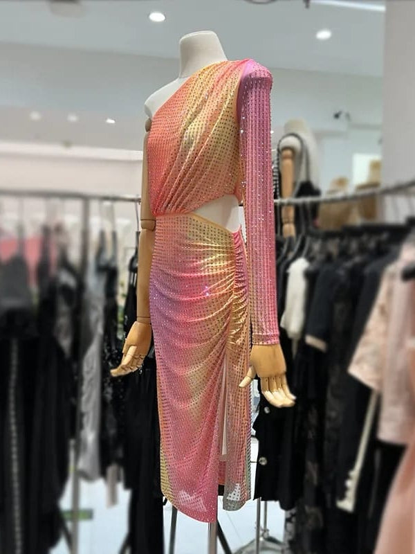 One Shoulder Rhinestone Mesh Tulle Cutout Slit Dress