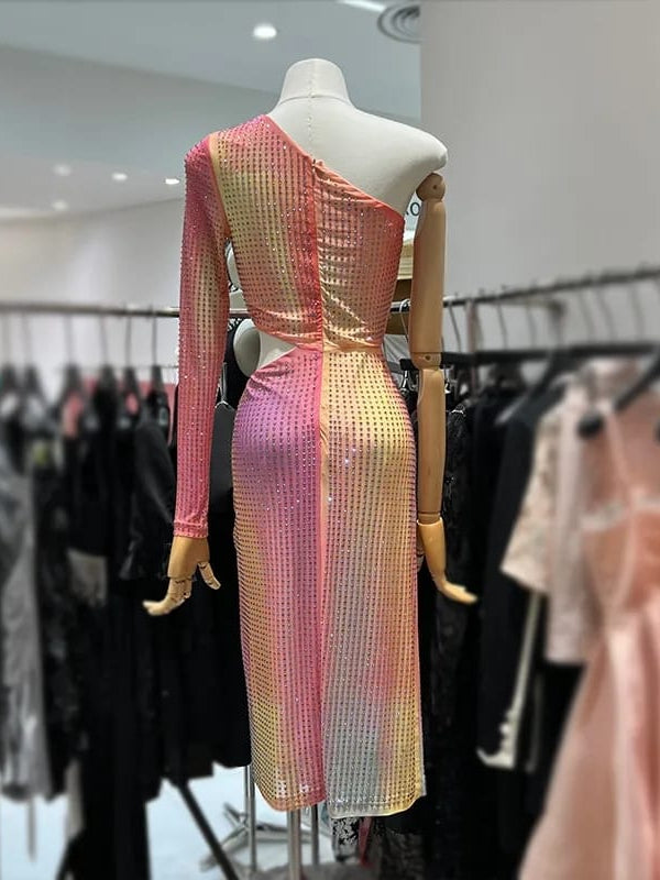 One Shoulder Rhinestone Mesh Tulle Cutout Slit Dress