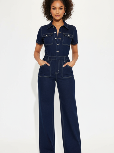Short Sleeves Denim Jumpsuit