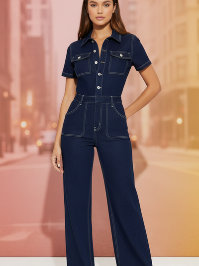 Exclusives short-sleeve denim jumpsuit in dark blue with front pockets and wide-leg pants