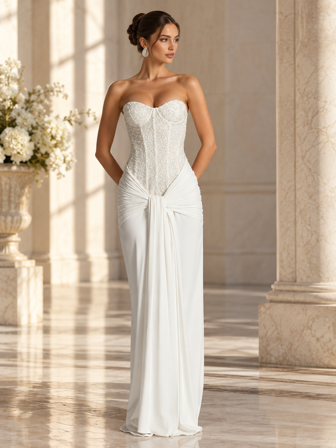 Ophelia Corset Maxi Dress in white; strapless beaded lace bodice with draped waist knot and flowing satin skirt.