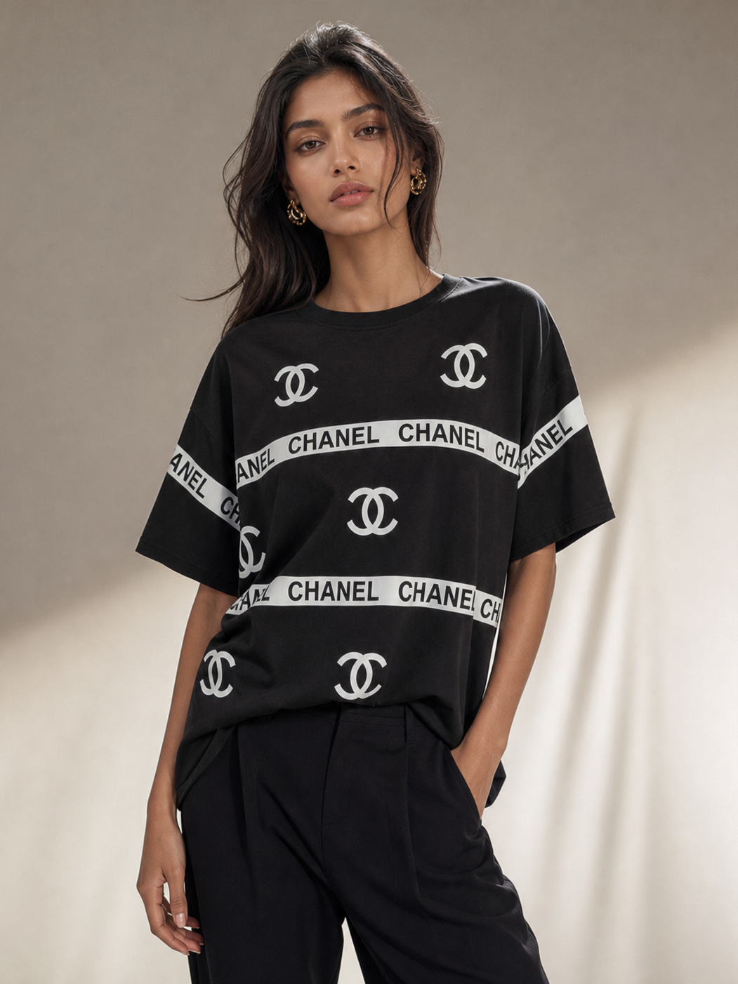 Print Cotton Lycra CH T-shirt, black with white Chanel logo bands