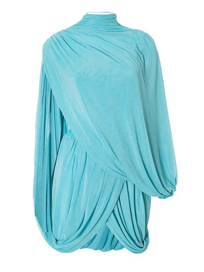 Aqua draped cape mini dress with high neck, front drape and single long sleeve.