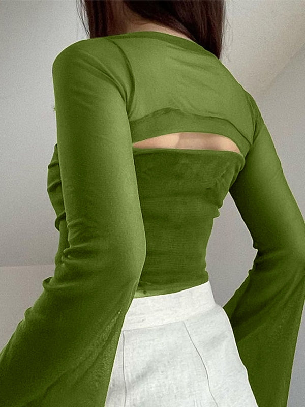 Back view of olive green two-piece bandeau mesh top with sheer long-sleeve overlay and mid-back cutout.
