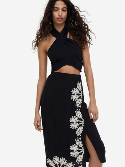 Cropped Halter neck Top & Wrap Embroidered Skirt Coord Set