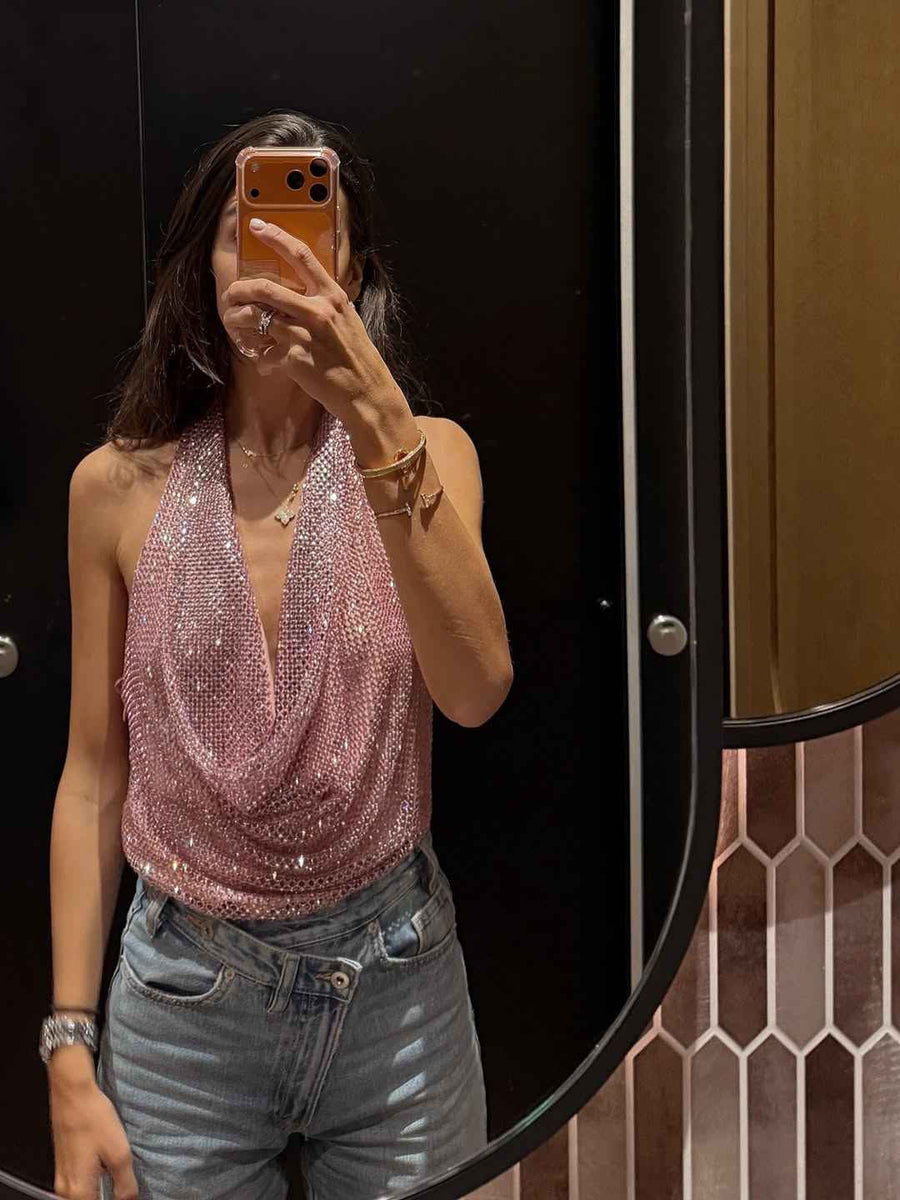 Rhinestone Mesh Deep Cowl Halter Top by Exclusives, pink sparkly tank top on sale
