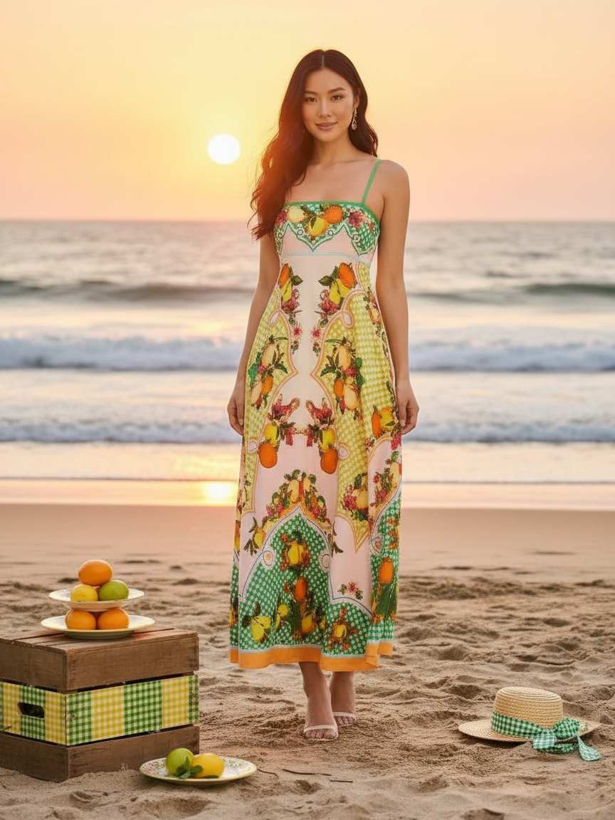 Sundress Fruit Print Midi Dress Ivory