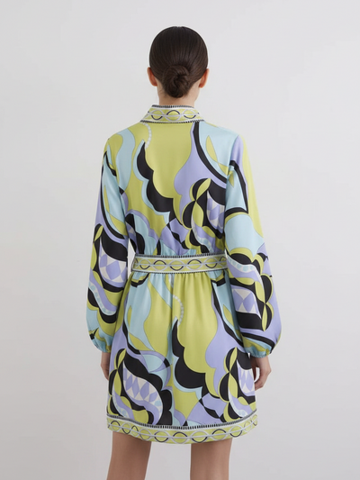 Floral print short dress with belt, back view; pastel lime, blue and lavender abstract pattern