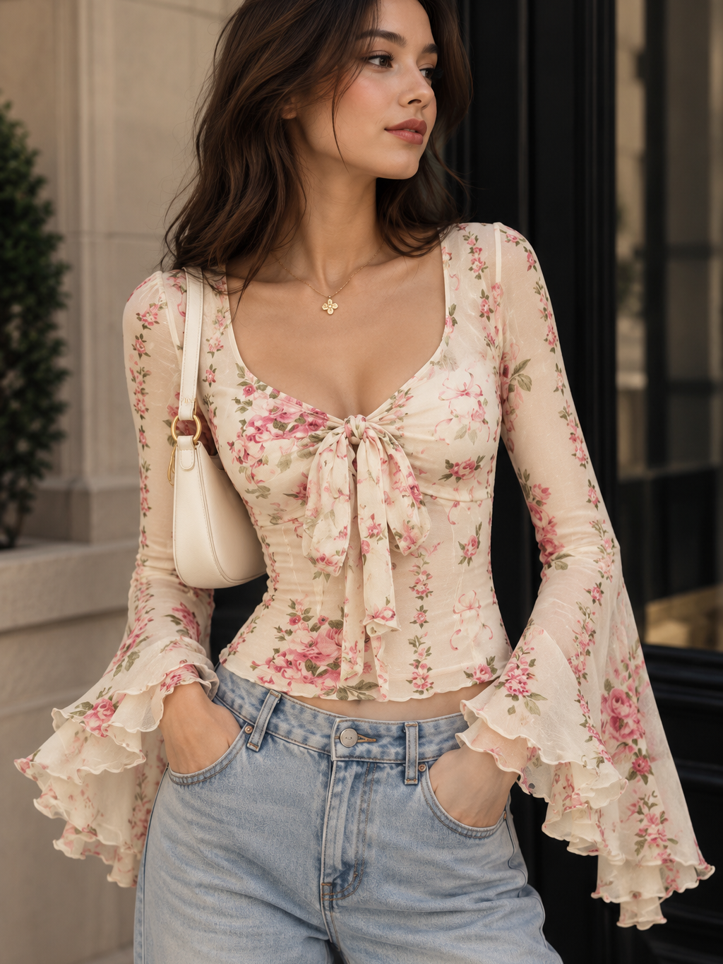 Floral Bell Sleeve Top, cream with pink flowers, tie-front blouse