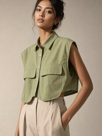 Cotton Crop Pockets Shirt Top, olive green sleeveless cropped tee with front flap pockets for a casual chic look