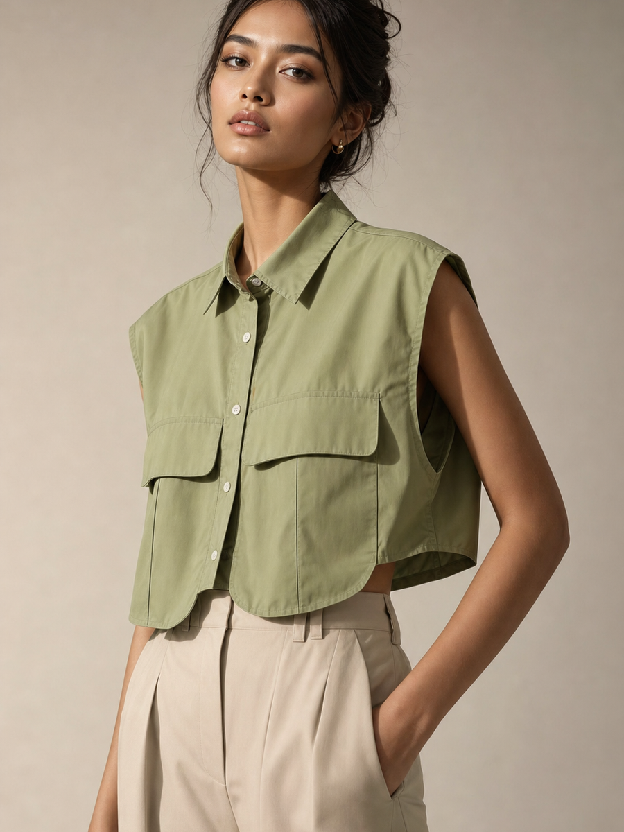 Cotton Crop Pockets Shirt Top, olive green sleeveless cropped tee with front flap pockets for a casual chic look