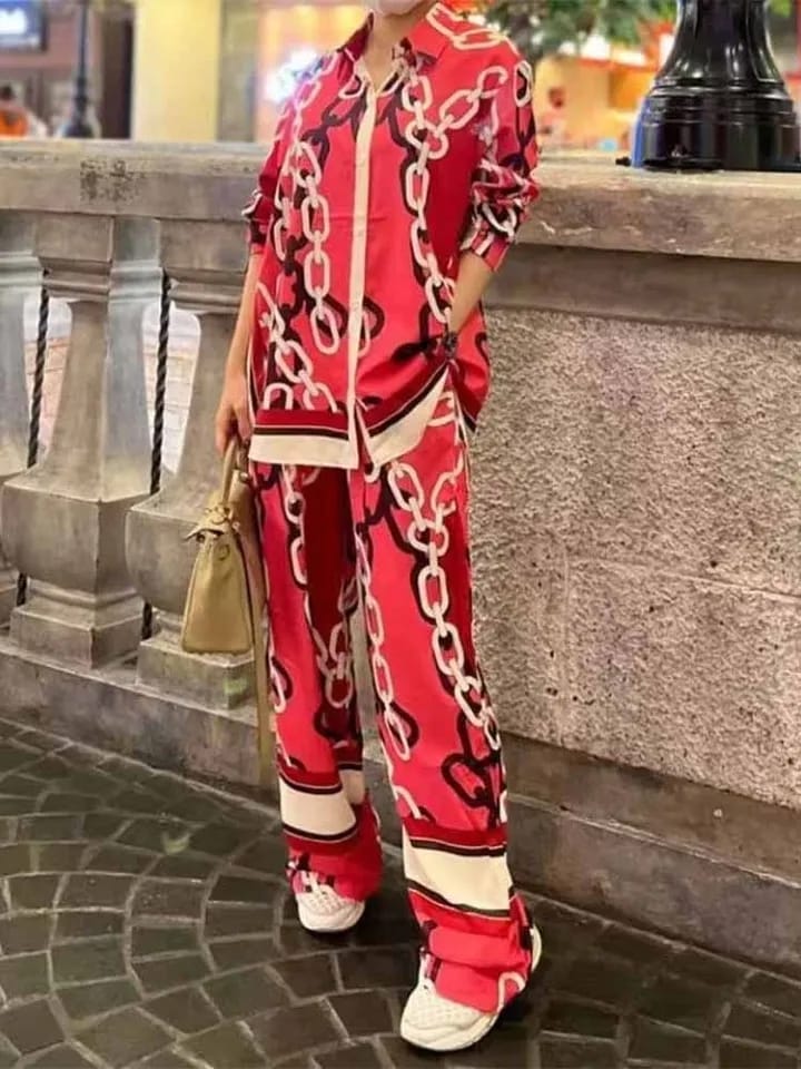 Chain Print Shirt & Wide Leg Pants Coord Set