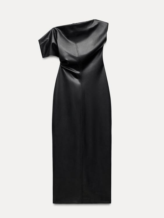 Asymmetric PU Leather Slit Midi Dress