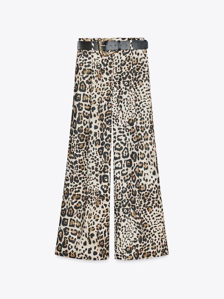 Animal Print Wide Leg Pants with Belt