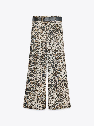 Animal Print Wide Leg Pants with Belt