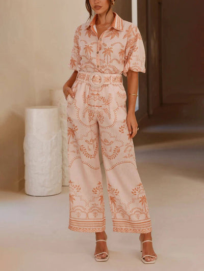 Short Sleeve Top With Belt And Straight Pants Set