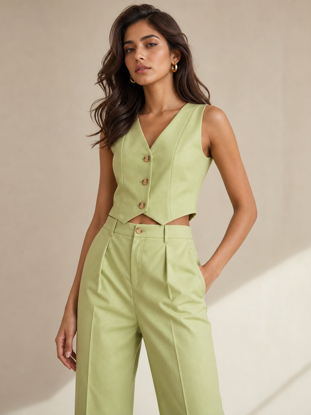 Crop waist vest coat & wide-leg pants coord set in pale lime green