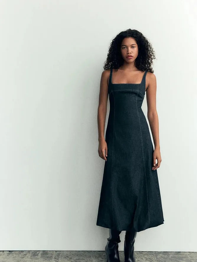 Square Neck Denim Flare Dress