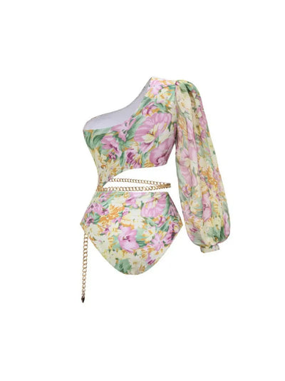 One Shoulder Cut out Blossom Print Swimsuit Skirt Set