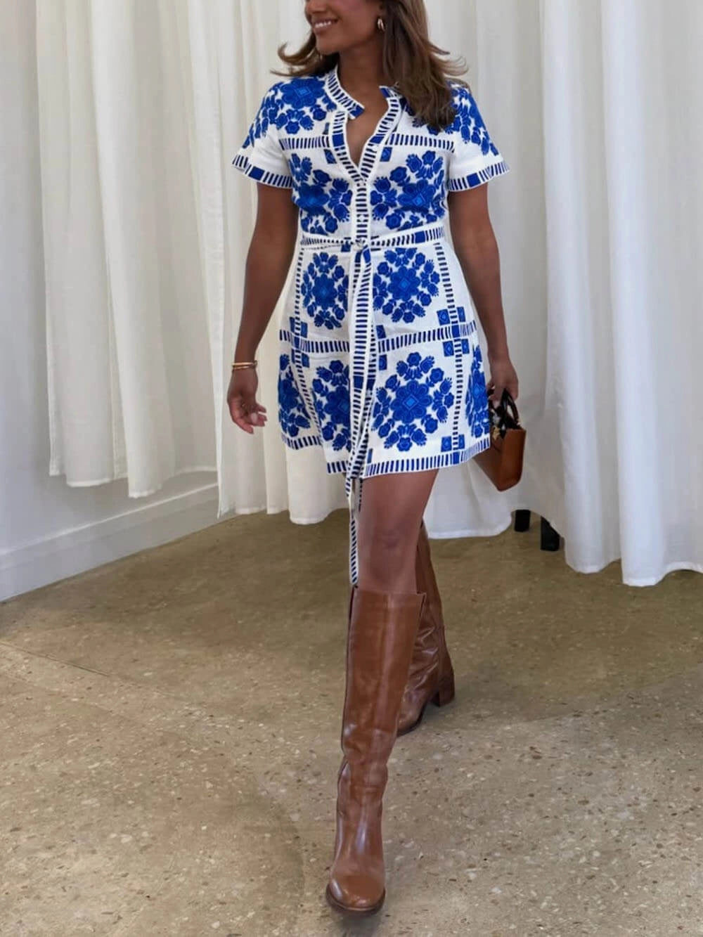 Mediterranean Print Short Dress with Belt