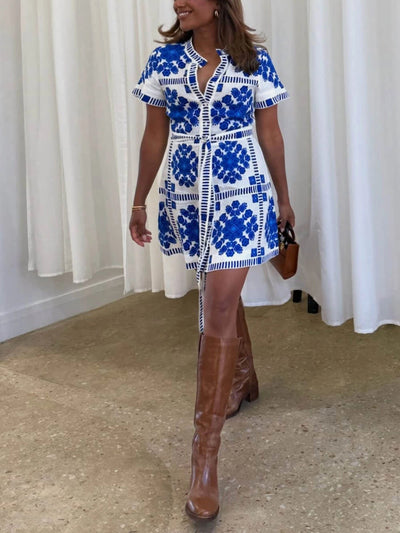 Mediterranean Print Short Dress with Belt