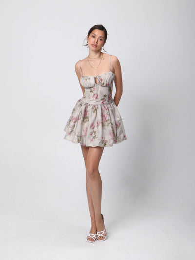 Floral Print Spaghetti Strap Mini Ballon Dress