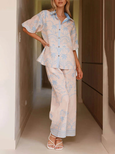 Short Sleeve Top With Belt And Straight Pants Set