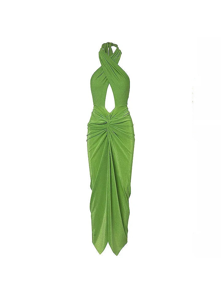 Vibrant lime-green halter-neck swimsuit top with cross straps and cutout, paired with a knotted, draped skirt.