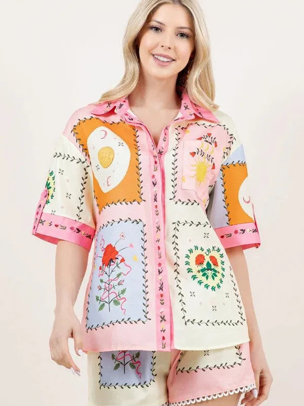 Sun/ Moon Tile Print Shirt & Shorts Coord Set