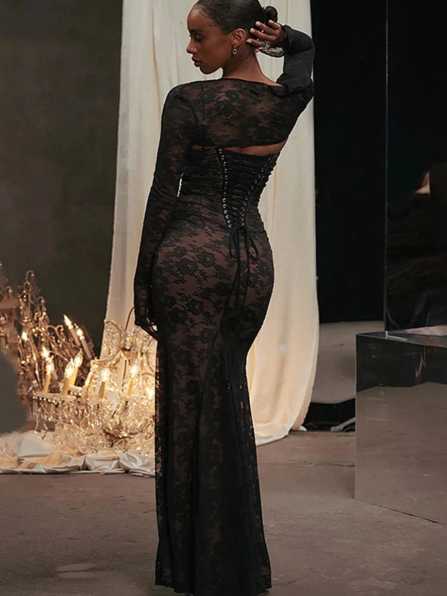 Mesh Lace Spaghetti Strap Maxi Dress With Shrug