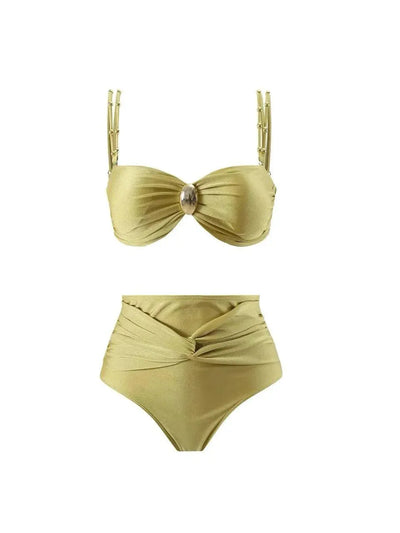 Golden 3 Piece Luxe Swimsuit With Sarong Skirt