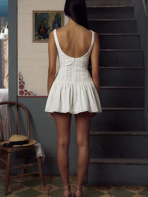 White Cotton Chikan Short Flare Dress