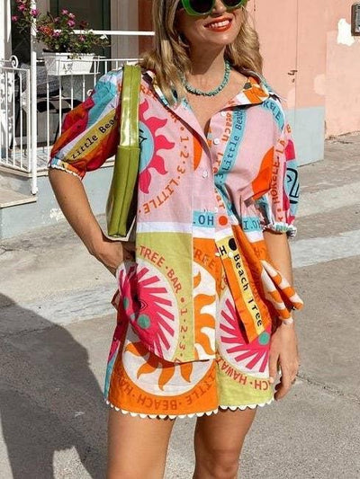 Summer Pink Bright Sun Print Shirt & Shorts Coord Set