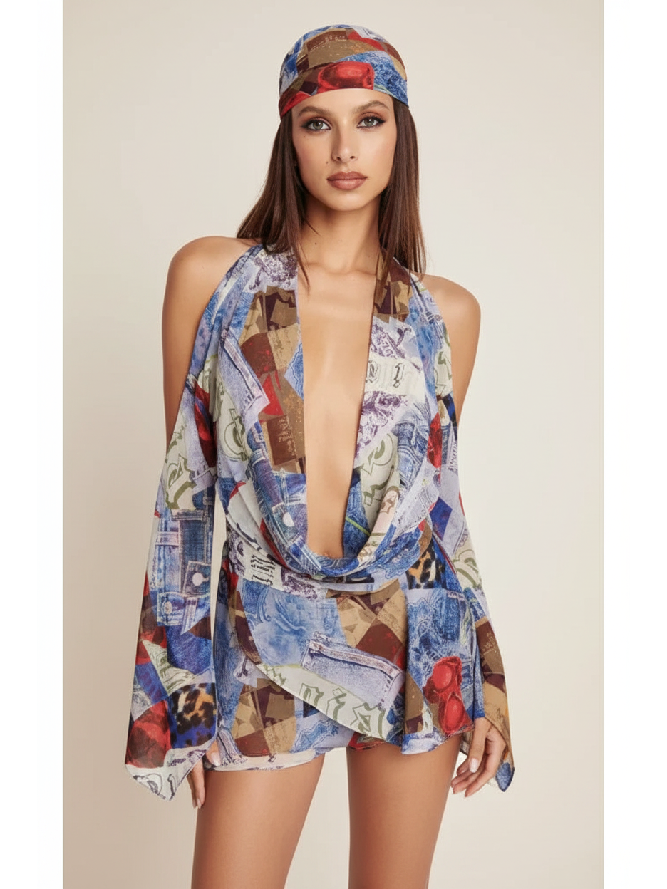 Halterneck Deep-Neck Short Backless Dress by Exclusives in multicolor abstract print
