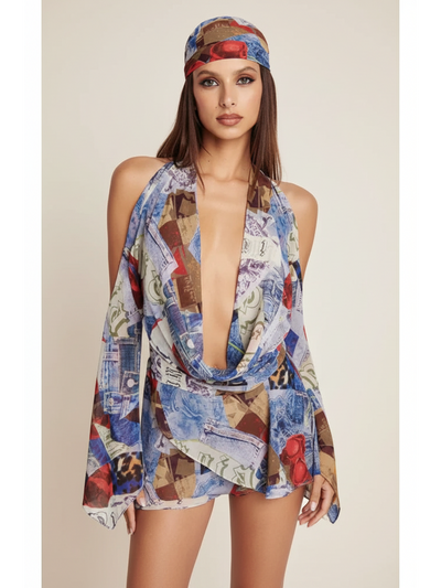 Halterneck Deep-Neck Short Backless Dress by Exclusives in multicolor abstract print
