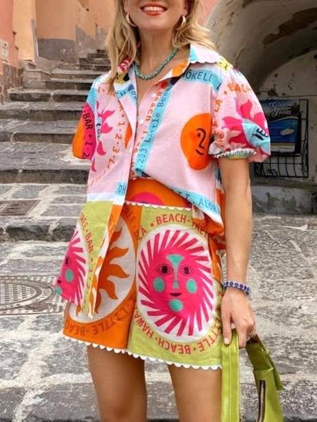 Summer Pink Bright Sun Print Shirt & Shorts Coord Set