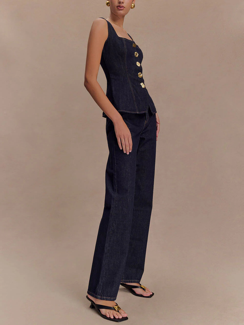 Sleeveless Button Down Applique Denim Vest Top