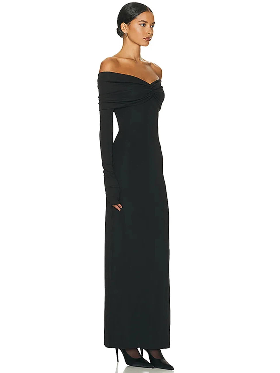 Black off-shoulder long-sleeve maxi dress with twisted, pleated bodice and floor-length skirt