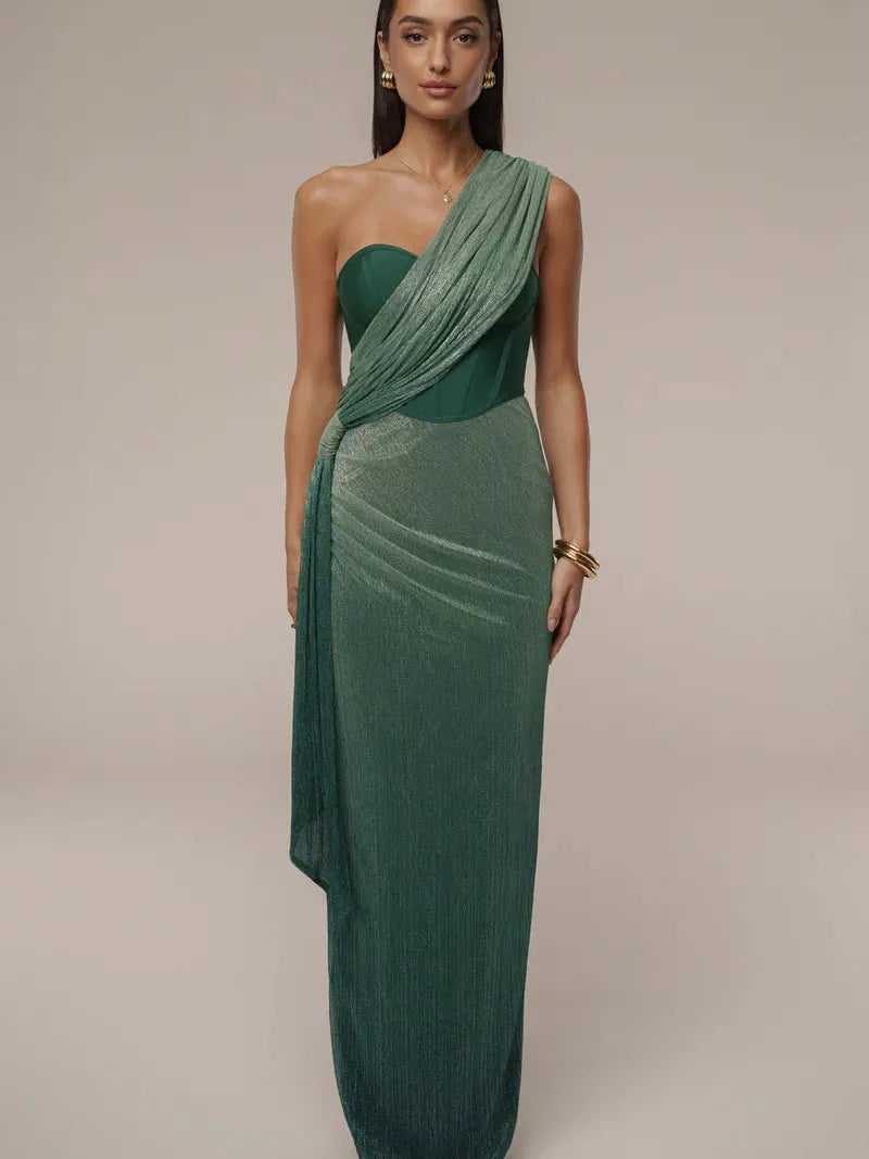 Drape Shimmery Corset Dress in emerald-green, one-shoulder bodice with floor-length, draped sash.