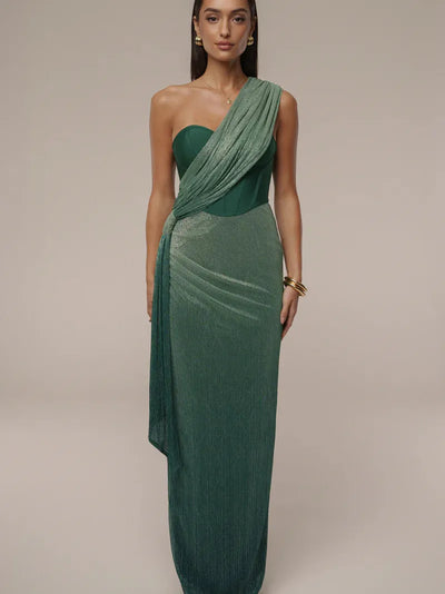 Drape Shimmery Corset Dress in emerald-green, one-shoulder bodice with floor-length, draped sash.