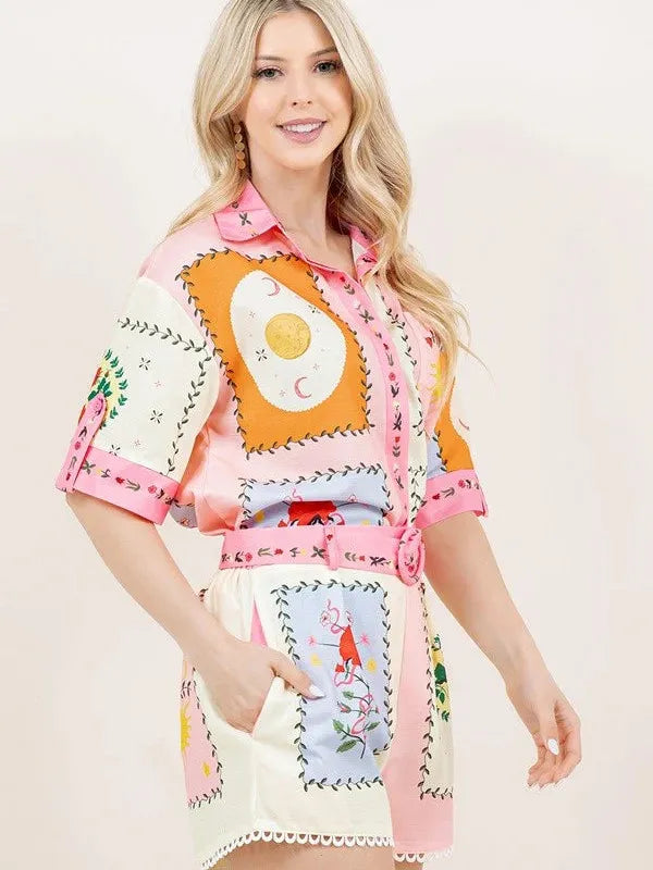 Sun/ Moon Tile Print Shirt & Shorts Coord Set