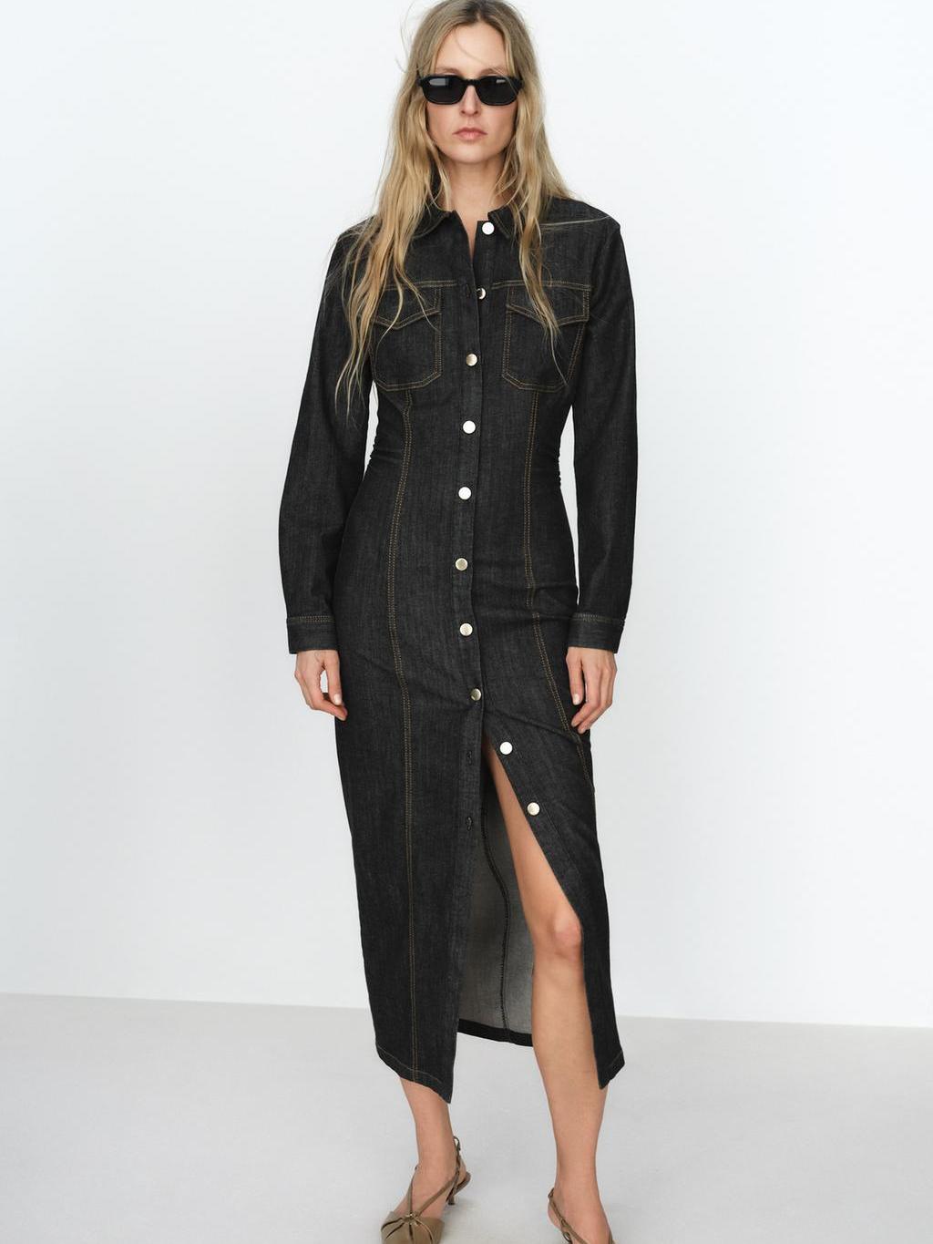 Denim Path Pockets Collared Dress