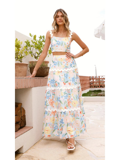 Floral Print Wave Strap Top & Long Skirt Coord Set