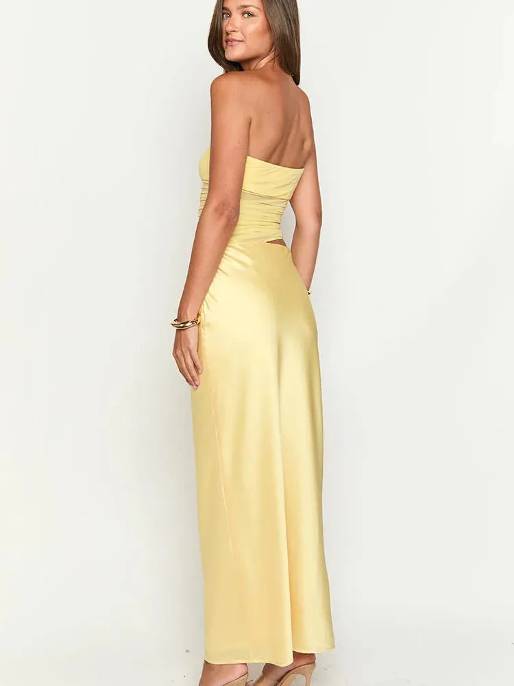 Tube Top Hollow Out Cutout Backless Satin Maxi Dress